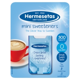 Hermesetas Mini Sweeteners 3.9g pack of zero-calorie artificial sweetener tablets, compact and easy-to-use sugar substitute for tea, coffee, and beverages.