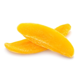 Imported sweet dried mango slices, golden-yellow dehydrated fruit pieces with a chewy texture, commonly enjoyed as a tropical snack.