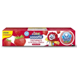 A 40g tube of Kodomo Children’s Toothpaste in strawberry flavour, featuring child-friendly packaging and a bright, playful design, intended for kids’ oral care with a mild fruity taste.