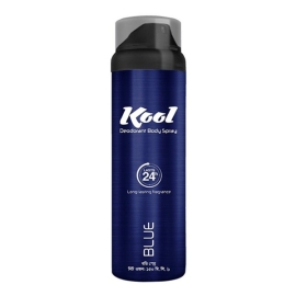 Kool Deodorant Body Spray Blue Passion 150 ml aerosol can, featuring a sleek cylindrical blue container with energetic wave-style graphics, bold branding, and a sporty design, formulated for long-lasting freshness and everyday odor protection.