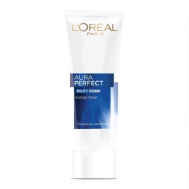 L'Oréal Aura Perfect Milky Foam 100ml facial cleanser tube with product packaging, brightening face wash for daily skincare.