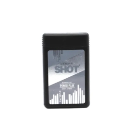 Layer’R Shot Power Play 18 ml pocket perfume, shown in a compact travel-sized spray bottle with bold masculine branding and sporty design elements, formulated for a strong, energetic fragrance suitable for quick on-the-go use.