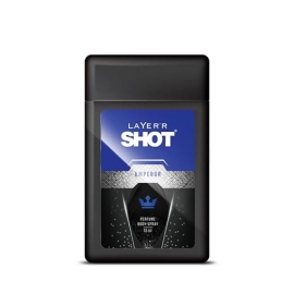 Layer’R Shot Emperor Body Spray 18 ml (India) pocket perfume, shown in a compact travel-sized spray bottle with bold masculine branding and regal-inspired design elements, formulated for a strong, long-lasting fragrance and convenient on-the-go freshness.