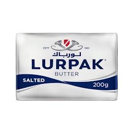 Lurpak Salted Butter 200g pack, a 200g block of premium salted butter in branded foil packaging, smooth and creamy with a rich buttery flavor, ideal for spreading, cooking, and baking.