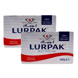 Lurpak Unsalted Butter 400g pack, a 400g block of premium unsalted butter in branded foil packaging, smooth and creamy in texture, widely used for baking, cooking, and spreading.