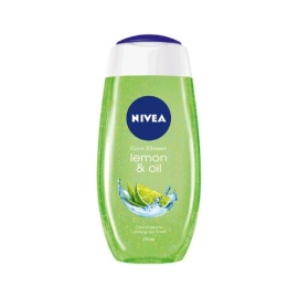 A 250ml bottle of Nivea Lemongrass & Oil Shower Gel featuring caring oil pearls, designed to gently cleanse and moisturize the skin while leaving a refreshing lemongrass scent, typically packaged in a squeezable bottle for everyday shower use.