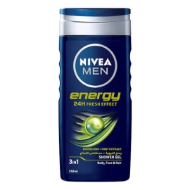 A 250ml bottle of Nivea Men Shower Gel Energy, a refreshing body wash designed for men that helps cleanse the skin while delivering an invigorating, energizing fragrance for an active, revitalized shower experience.