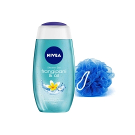 A 250ml bottle of Nivea Shower Gel Frangipani & Oil, a moisturizing body wash infused with frangipani floral scent and nourishing oils, designed to gently cleanse the skin while leaving it soft and hydrated, typically packaged in a compact, easy-to-hold bottle.