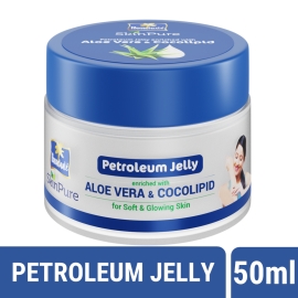 Parachute Skinpure Petroleum Jelly, 50ml moisturizing skin protectant in a compact blue jar with a blue screw-top lid, suitable for dry skin care and everyday hydration.