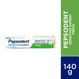 A 140g tube of Pepsodent Sensitive Expert Fresh toothpaste with red and white packaging, labeled for sensitive teeth care and fresh mint protection.