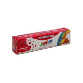 A 40g tube of Prodentalb Junior Toothpaste in strawberry flavor, designed for children, featuring a colorful, kid-friendly packaging that promotes gentle oral care and cavity protection for young teeth.