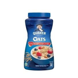 Quaker Oats 450g jar pack of whole grain rolled oats, rich in fiber and nutrients, ideal for making porridge, smoothies, baking, and healthy breakfast meals.