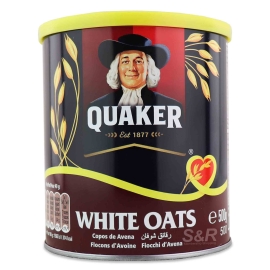 Quaker Oats 500g tin pack of whole grain rolled oats, rich in dietary fiber and nutrients, suitable for porridge, smoothies, baking, and healthy breakfast preparation.