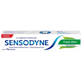 A tube of Sensodyne Fresh Mint Toothpaste (75g) designed for sensitive teeth, featuring a clean white and green packaging with the Sensodyne logo and “Fresh Mint” flavor label. The product is shown as a standard squeeze tube intended for daily oral care, offering protection against tooth sensitivity and a fresh mint taste.