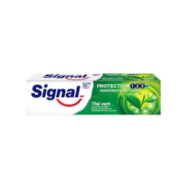 A tube of Signal Green Tea (Thé Vert) toothpaste, 100 ml, featuring a clean green and white packaging design with green tea leaf imagery, representing a refreshing, minty oral care formula inspired by green tea extract for daily teeth cleaning and breath freshness.