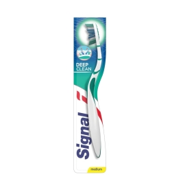 Single manual toothbrush labeled “Signal Toothbrush Deep Clean Medium,” featuring medium-textured bristles designed for effective plaque removal and deep cleaning, shown as one individually packaged piece.