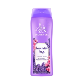 A 250ml bottle of Skinzen Lavender Haze Shower Gel with a soothing lavender scent, designed for gentle daily cleansing and relaxation, presented in compact, travel-size packaging suitable for bathroom or travel use