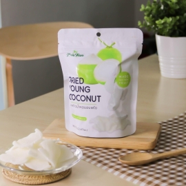 Tan Tan Dried Young Coconut 70g pack, featuring soft, chewy strips of dried young coconut with a light white to cream color, packaged as a sweet tropical snack.