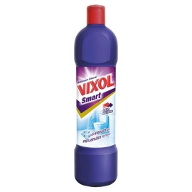 Vixol Smart Bathroom Cleaner Violet 900ml bottle with angled nozzle, purple cleaning liquid, designed to remove tough bathroom stains, kill 99.9% of bacteria, and help prevent dirt from reattaching to surfaces.
