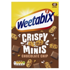 Weetabix Crispy Minis Chocolate Chip 500g pack of bite-sized whole grain wheat cereal with chocolate chips, crunchy and lightly sweetened, ideal for a quick breakfast with milk or yogurt.