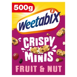 Weetabix Crispy Minis Fruit & Nut 500g pack of bite-sized whole grain wheat cereal with dried fruits and nuts, crunchy and nutritious, ideal for a wholesome breakfast with milk or yogurt.