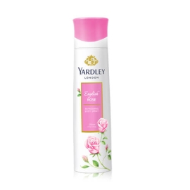 Yardley London Rose Body Spray 150 ml deodorant spray, presented in a slim cylindrical aerosol can with elegant pink rose-themed floral design and classic branding, formulated for long-lasting freshness with a soft, feminine rose fragrance suitable for everyday use.