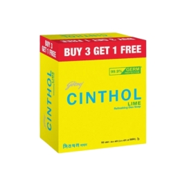 Godrej Cinthol Soap Lime 100 g bar, presented in a rectangular soap pack with bright green citrus-themed packaging and bold branding, featuring a refreshing lime fragrance and cleansing formula; promotional bundle highlighting “Buy 3 Get 1 Free” offer for multiple soap bars.