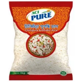ACI Pure Aromatic Chinigura Rice 1Kg pack featuring premium aromatic Chinigura rice with fine grains, rich fragrance, and a soft, flavorful texture ideal for traditional Bangladeshi cuisine.