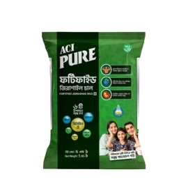 ACI Pure Fortified Jeerashail Rice 5kg pack featuring premium Jeerashail rice enriched with nutrients, fine grains, natural aroma, and a soft, fluffy texture ideal for everyday meals.