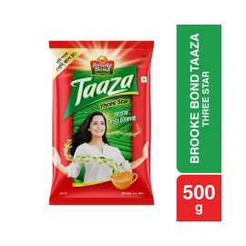 Brooke Bond Taaza Three Star Black Tea 500g pack with premium black tea leaves for a rich aroma and refreshing taste.