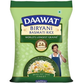 Daawat Biryani Basmati Rice 5Kg pack featuring premium long-grain basmati rice with rich aroma, delicate flavor, and fluffy texture, specially suited for preparing delicious biryani and festive meals.