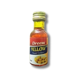 Dreem Yellow Food Colour 28ml bottle, a 28ml liquid food coloring used to add yellow color to cakes, icing, desserts, and beverages for baking and decorative purposes.