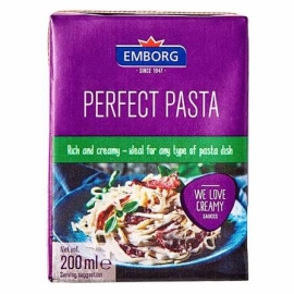 Emborg Perfect Pasta Cream 200ml pack containing smooth cooking cream, ideal for preparing creamy pasta, sauces, soups, and other dishes.