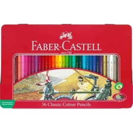 Faber-Castell 36 Classic Colour Pencils in Metal Tin Box, 1 unit set featuring assorted vibrant colored pencils stored in a durable tin box, designed for drawing, coloring, and creative artwork projects.
