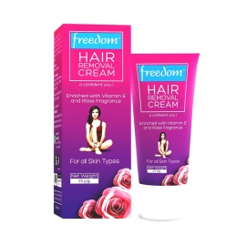 Freedom Hair Removal Cream 25g tube with product packaging, designed for quick and easy hair removal on the body, 25g size.