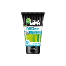 Garnier Men Oil Clear Face Wash, 50g tube with black packaging and bright green accents, designed for oily skin and deep cleansing.