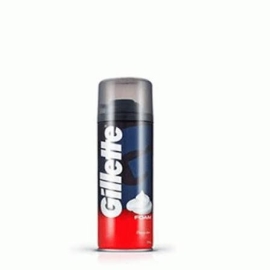 Gillette Shaving Foam Regular, 98g aerosol can with a blue and white design, providing a rich lather for a smooth and comfortable shave.