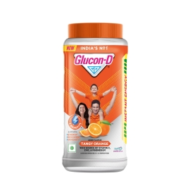 Glucon-D Instant Energy Powder Orange 400g jar pack containing orange-flavoured glucose powder drink mix for quick energy, enriched with Vitamin C and Calcium.