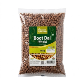 Green Harvest Boot Dal (Whole) 1000g pack featuring premium whole chickpeas with clean grains, rich flavor, and firm texture ideal for preparing traditional curries, snacks, and nutritious meals.