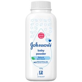 Johnson's Baby Powder Natural 100g bottle with a white plastic container, light green flip-top cap, and a soft green label featuring the Johnson's logo and 'Natural' baby powder branding, designed to help keep baby's skin dry and comfortable.