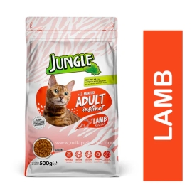 Jungle Adult Dry Cat Food Lamb, 500g bag of complete dry cat food for adult cats with lamb flavor, packaged in a resealable bag with Jungle branding.