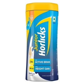 Junior Horlicks Health And Nutrition Drink Container 500g featuring a nutritious malt-based drink powder for children, packaged in a 500g container.