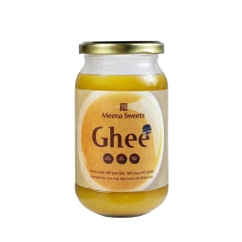 Meena Sweets Ghee 300g jar featuring pure clarified butter with a rich golden texture, suitable for cooking, baking, and traditional sweets.