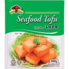 Mushroom Seafood Tofu 500g pack featuring soft tofu with mushroom and seafood flavor, suitable for cooking soups, stir-fries, and Asian dishes.