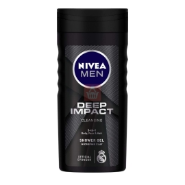 Nivea Men Deep Impact Cleansing Shower Gel, 250ml bottle with black packaging, blue cap, and charcoal-infused formula for deep cleansing and long-lasting freshness.