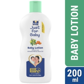 Parachute Just For Baby Lotion, 200ml bottle with a white body, blue flip-top cap, and baby-themed label, formulated to moisturize and nourish delicate baby skin.