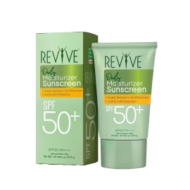 Revive Daily Moisturizer Sunscreen SPF 50+ (50ml) in a compact tube, providing broad-spectrum sun protection with daily moisturizing care for all skin types.