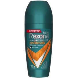 Rexona Men Adventure roll-on antiperspirant deodorant, 45ml bottle with a white cap and green label, designed for long-lasting sweat and odor protection.