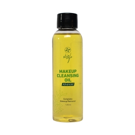 Skin Cafe Makeup Cleansing Oil 120ml in a clear pump bottle with golden-yellow cleansing oil, designed to gently dissolve makeup, sunscreen, and impurities while leaving skin clean and nourished.