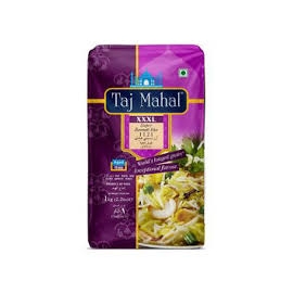 Taj Mahal Basmati Premium Rice 1kg pack featuring premium long-grain basmati rice with rich aroma, delicate flavor, and fluffy texture after cooking, ideal for biryani and special meals.